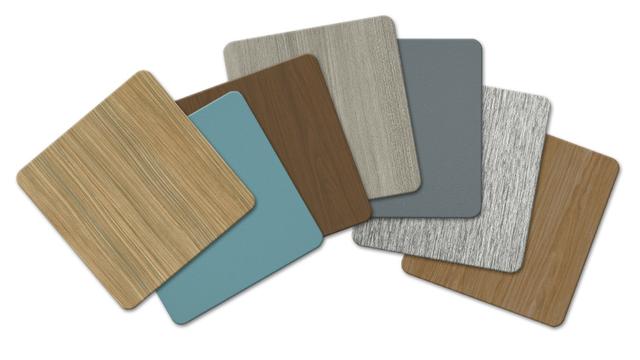 Woodgrain solids and brushed metal Acrovyn swatches