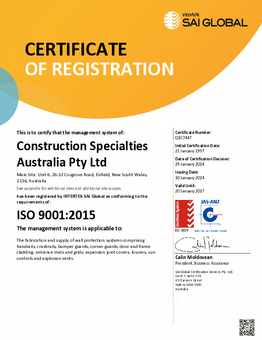 ISO 9001 certificate QEC7447 ENG Construction Specialties Australia Pty Ltd