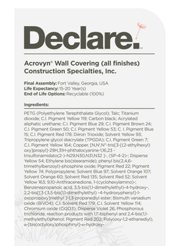 Acrovyn Wall Covering Declare Label Solid, Woodgrain, Brushed Metals, and Strata