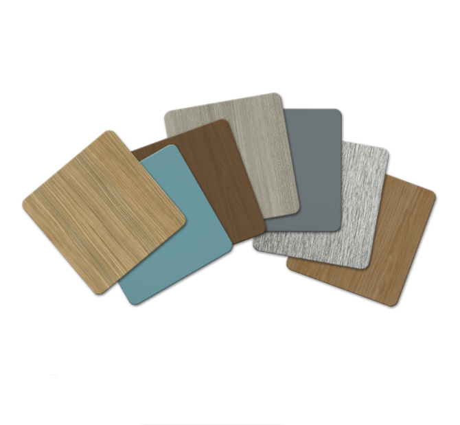 Woodgrain solids and brushed metal Acrovyn swatches